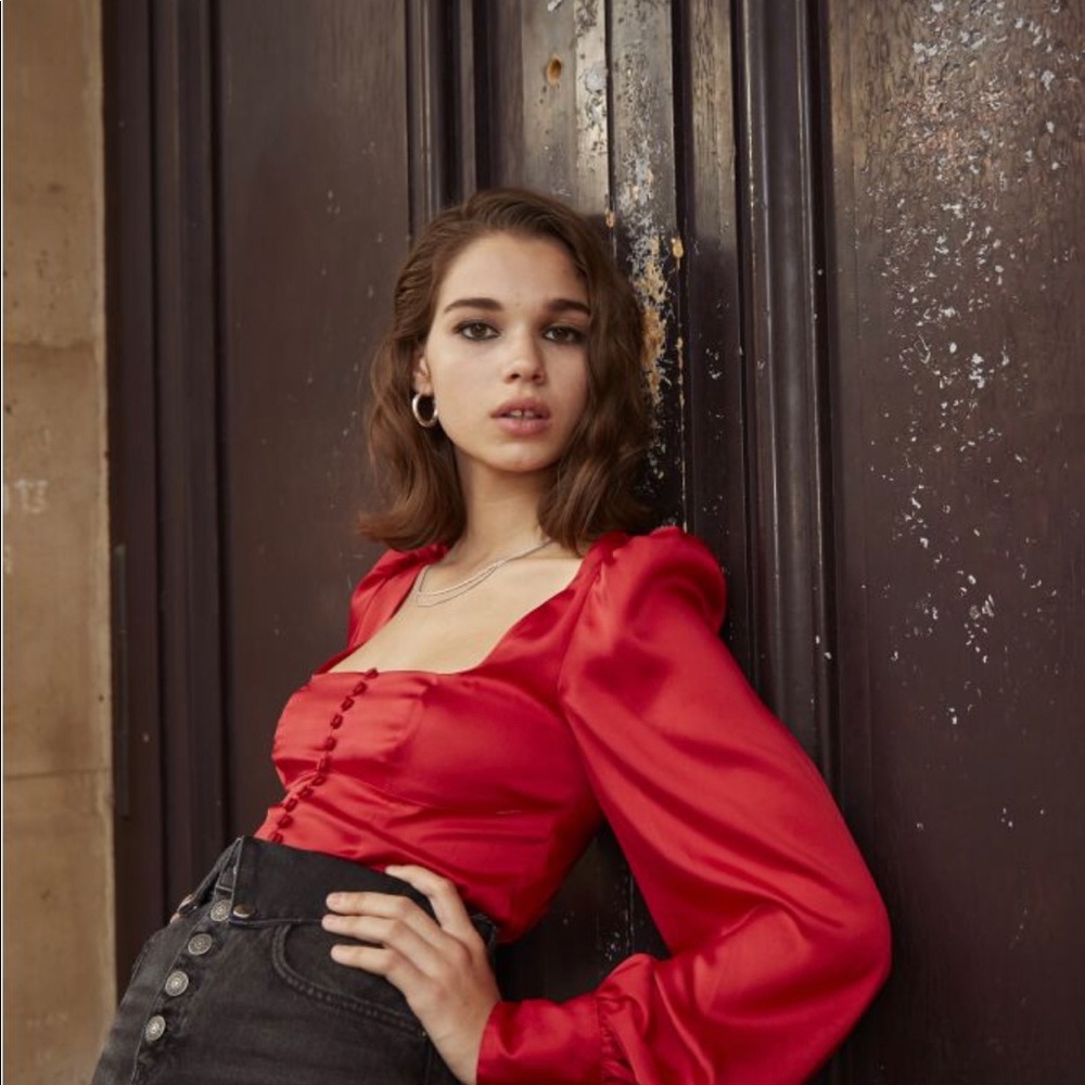 The Kooples RED BUSTIER TOP WITH LONG SLEEVES
